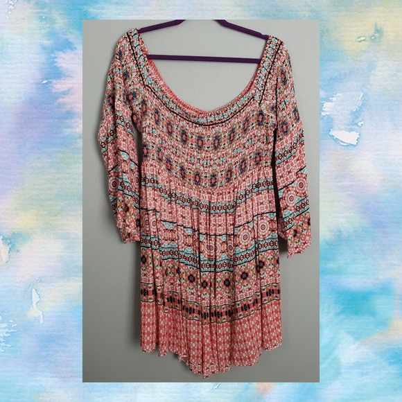 SOLD-Torrid Mosaic Smocked Bell Sleeve Dress - Picture 5 of 8